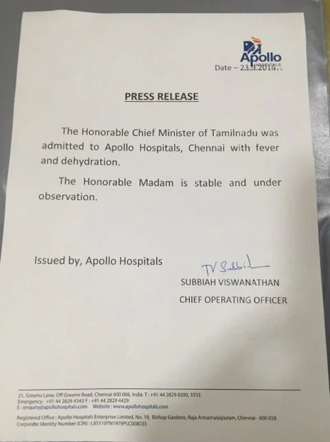 Jayalalithaa complained of fever and dehydration. (Photo Courtesy: Twitter/<a href="https://twitter.com/dennisjesudasan/status/779047718882717696">DennisSJesudasan</a>)