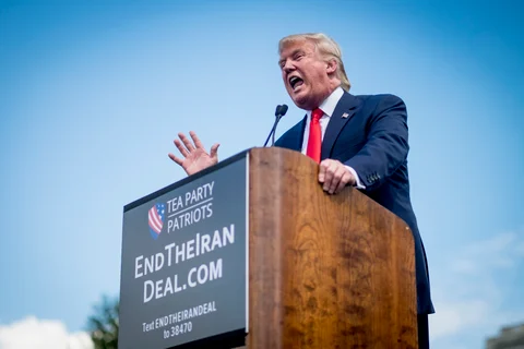 Donald Trump speaks during a Tea Party Patriots rally against the Iran nuclear deal (Photographer: Pete Marovich/Bloomberg)