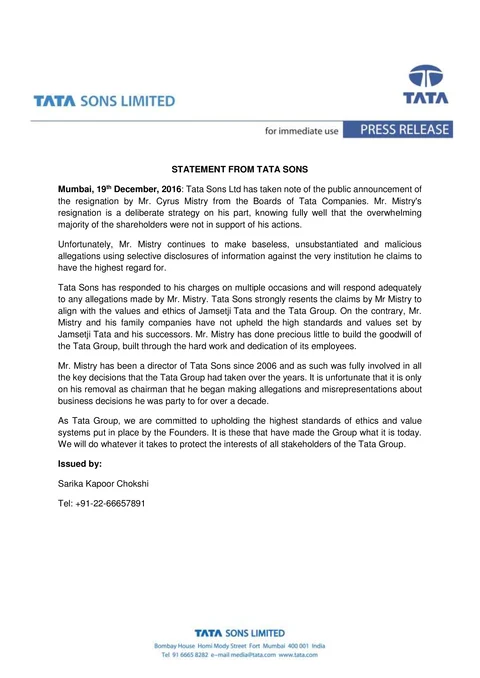 Tata Sons Says Mistry Has Done Precious Little To Build Tata Group’s Goodwill
