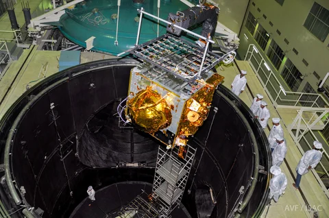 IRNSS-1G being loaded into Large Space Simulation Chamber (LSSC) for thermal vacuum test. (Image source: ISRO website)