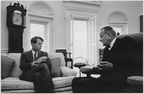 United States President Lyndon B Johnson meets Senator Robert F Kennedy in the Oval Office at the White House in Washington DC on June 22, 1966. (Image: U.S. National Archives and Records Administration / Wikimedia Commons)