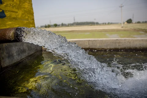 Water flows from a pipe into a concrete basin near a rice field in Karnal, Haryana, India, on May 19, 2016. (Photographer: Prashanth Vishwanathan/Bloomberg)