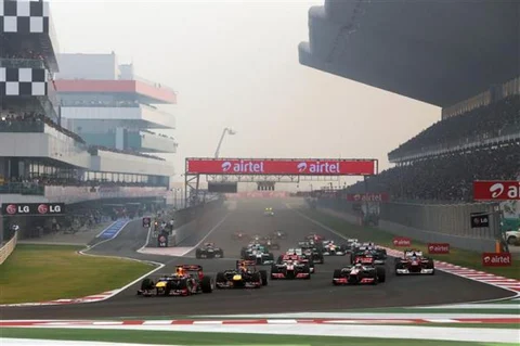 Sebastian Vettel, then of Red Bull Racing leads the field into the first corner at the start of the Indian Grand Prix at the Buddh International Circuit, on October 28, 2012. (Photograph: Buddh International Circuit)