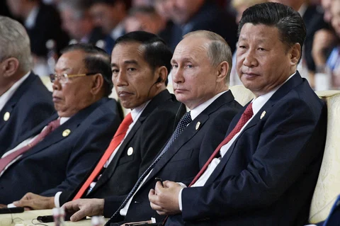 Xi Jinping and Vladimir Putin at the forum on May 14. (Photographer: Alexei Nikolsky\TASS via Getty Images) 