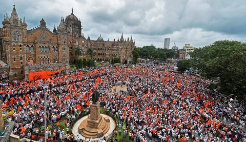 A gathering of Maratha community people during a silent protest in Mumbai on Wednesday, to demand reservation in government jobs and educational institutions. (Photographer: Shashank Parade/PTI)