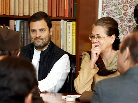 Congress President Sonia Gandhi and party vice-president Rahul Gandhi at the Congress Working Committee meeting at 10 Janpath in New Delhi. (Image: PTI)