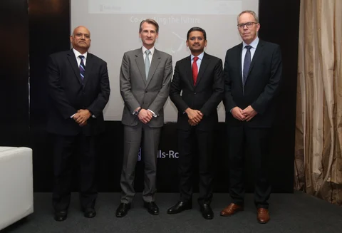 (From L-R) Kishore Jayaraman, President, Rolls-Royce, India and South Asia, Ben Story, Strategic Marketing Director, Rolls-Royce, Rajesh Gopinathan, CEO & Managing Director, TCS and Neil Crocket, Chief Digital Officer, Rolls-Royce pose for the cameras at the partnership announcement. (Source: Rolls Royce)