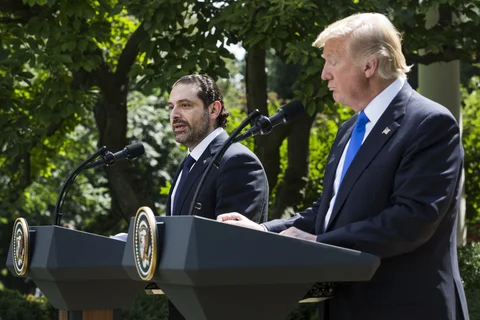 Saad Hariri, then Lebanon’s prime minister, left, speaks as U.S. President Donald Trump listens during a joint press conference at the White House in Washington, D.C., U.S., on July 25, 2017. (Photographer: Zach Gibson/Bloomberg)