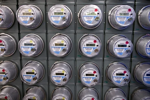 A bank of “smart” electric meters. (Photographer: David Paul Morris/Bloomberg)