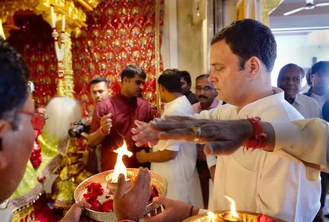 Congress President-elect Rahul Gandhi offering prayers at Shri Jagannathji Temple in Ahmedabad on Tuesday. (Source: PTI)