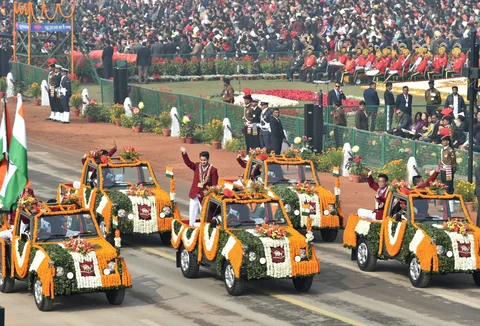 Recipients of National Bravery Awards 2017 wave at the crowd during the 69th Republic Day Parade at Rajpath in New Delhi. (Image: PTI)