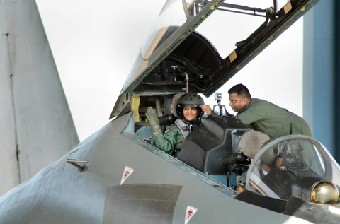 Defence Minister Nirmala Sitharaman waves from the cock-pit of IAFs Sukhoi-30 MKI plane before taking off for a sortie, in Jodhpur. (Image: PTI)