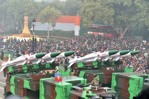 A display of Akash weapon system at Rajpath during the 69th Republic Day Parade, in New Delhi. (Image: PTI)