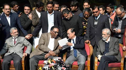 Supreme Court Justices Jasti Chelameswar, Ranjan Gogoi, Madan Lokur, and Kurian Joseph during a press conference in New Delhi on January 12, 2018. (Photographer: Ravi Choudhary/PTI)