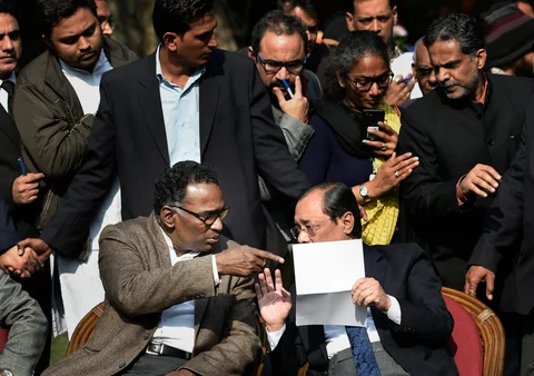 Justice Jasti Chelameswar along with Justice Ranjan Gogoi during a press conference in New Delhi on January 12, 2018. (Photographer: Ravi Choudhary/PTI)