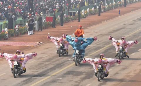 BSFs all-women team Seema Bhawani performs on motorcycles during 69th Republic Day Parade at Rajpath in New Delhi on Friday. (Image: PTI)