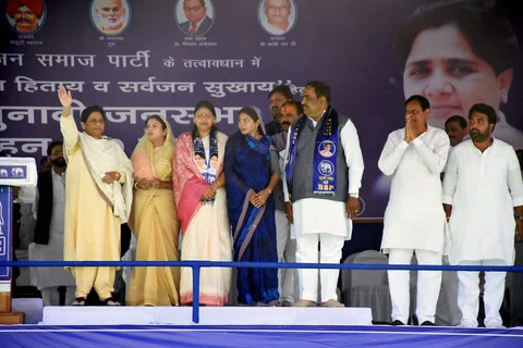 Bahujan Samaj Party president Mayawati addresses a rally in Uttar Pradesh. (Photograph: PTI)