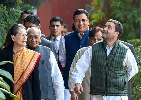 Congress President Rahul Gandhi with Sonia Gandhi and other leaders arrives to preside the party’s ‘Steering Committee’ meeting in New Delhi on Feb. 17, 2018. (Photograph: Arun Sharma/PTI) 