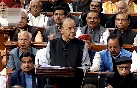 Finance Minister Arun Jaitley presents the Union Budget at Parliament, in New Delhi on Feb. 1, 2018. (Photograph: PTI/TV Grab)