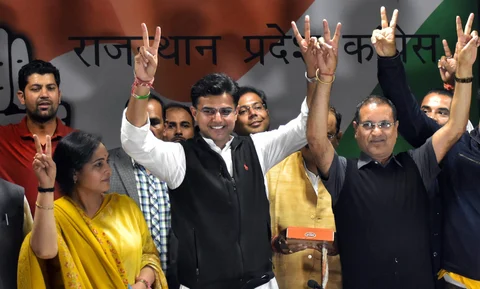 Rajasthan Pradesh Congress Committee President Sachin Pilot and Congress workers celebrate their victory in by-elections at party headquarters in Jaipur on Feb. 1, 2018 (Photograph: PTI)