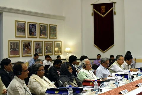 The chief ministers of Madhya Pradesh, Karnataka, J&K, Chhattisgarh, Goa, and Assam, at the NITI Aayog Governing Council meeting, in New Delhi, on April 23, 2017. (Photograph: PIB)