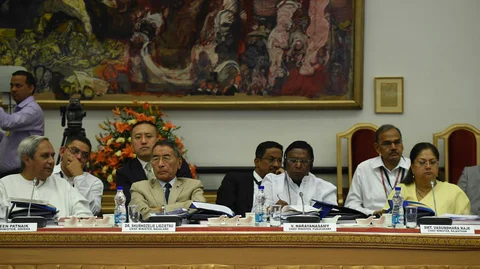 The chief ministers of Odisha, Nagaland, Puducherry, and Rajasthan, in New Delhi, on April 23, 2017. (Photograph: PIB)