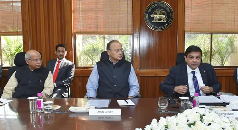 Minister of State for Finance Shiv Pratap Shukla (left), Finance Minister Arun Jaitley, and RBI Governor Urjit Patel during the 569th Central Board Meeting of RBI on February 10. (Photographer: Atul Yadav/PTI) 