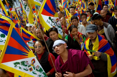 Tibetans march in protest of the Chinese occupation of Tibet, in Dharamsala, India, on March 22, 2008. (Photographer: Adam Ferguson/Bloomberg News)