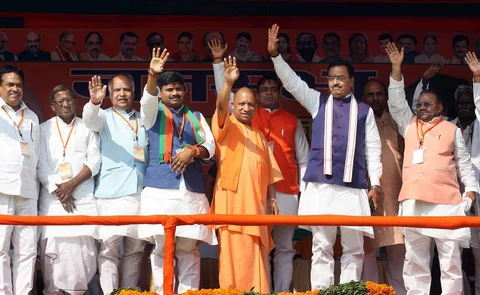 Uttar Pradesh Chief Minister Yogi Adityanath with deputy chief minister Keshav Prasad Maurya and other BJP leaders at Nawabganj in Allahabad, March 4, 2018. (Photograph: PTI)