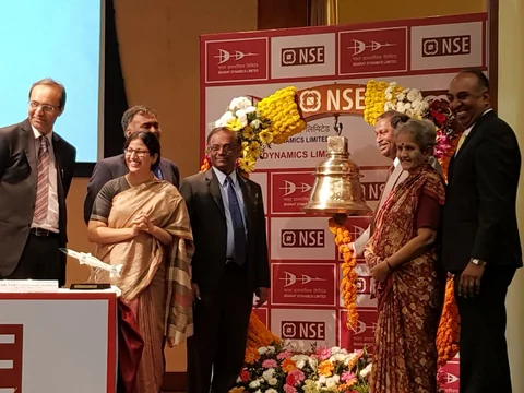 Bharat Dynamics Ltd. management after hitting a bell during the company’s listing. (Source: BloombergQuint)