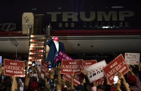 Donald Trump, then 2016 Republican presidential nominee, greets the crowd during a campaign rally in Moon Township, Pennsylvania, U.S., on Nov. 6, 2016. (Photographer: Ty Wright/Bloomberg)