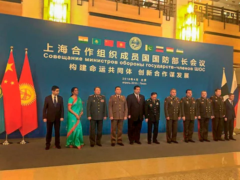 Defence Minister Nirmala Sitharaman with other ministers at Shanghai Cooperation Organisation’s Defence Ministers’ meeting in Beijing on April 24, 2018. (Photograph: PTI)