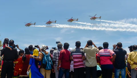 Indian Air Forces Sarang display team stage a live demo. (Source: PTI)