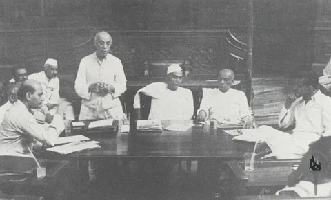 Jawaharlal Nehru addresses a meeting of a committee of the Constituent Assembly New Delhi, with Rajendra Prasad and Vallabhbhai Patel, in 1949. (Photograph: Nehru Memorial Museum and Library)