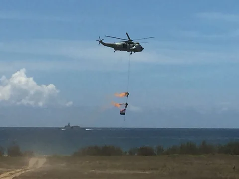 Marcos being airlifted as part of the Live demonstration at the 10th Defence Expo. (Source: PTI)