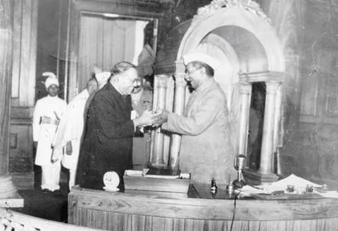 BR Ambedkar, chairman of the Drafting Committee, presenting the final draft of the Indian Constitution to Rajendra Prasad, chairman of the Constituent Assembly, on November 25, 1949. (Photograph: Dr Ambedkar Foundation / Ministry of Social Justice & Empowerment)