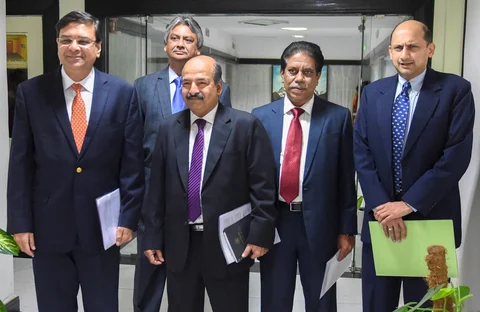 RBI Governor Urjit Patel, RBI deputy Governors NS Vishwanathan, BP Kanungo and Viral V Acharya arrive for a press conference at RBI headquarters in Mumbai. (Source: Shashank Parade/PTI)