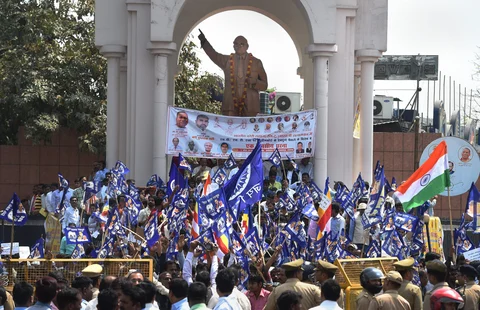 Members of the Dalit community stage a protest during ‘Bharat Bandh’ against the alleged ‘dilution’ of the Scheduled Castes and the Scheduled Tribes Act, in Lucknow on April 2, 2018. (Photograph: Nand Kumar/PTI)