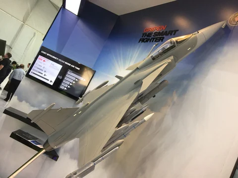 SAAB displays its Gripen-E fighter jet at the 10th Defence Expo. (Source: BloombergQuint)