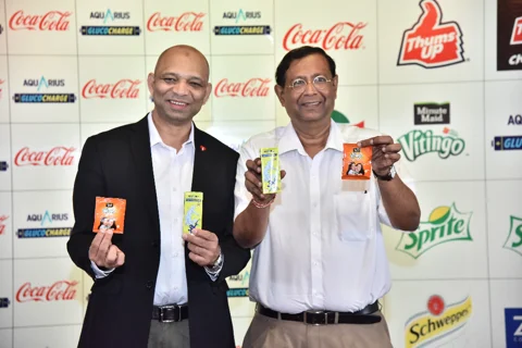 Ishteyaque Amjad, vice president, public affairs and communication, Coca-Cola India and South West Asia, and T Krishnakumar, president, Coca-Cola India South West Asia, at the launch of Aquarius Glucocharge and Minute Maid Vitingo. (Source: Coca-Cola India)