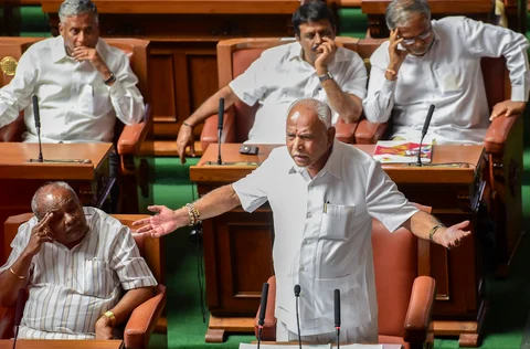 Outgoing Karnataka chief minister BS Yeddyurappa addresses the house members at Vidhana Soudha on Saturday (Source: PTI)
