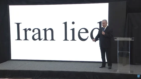 Israel’s Prime Minister Benjamin Netanyahu makes a presentation on April 30, 2018. (Image: Twitter, YouTube / <a href="https://twitter.com/netanyahu">@<b>netanyahu</b></a>)
