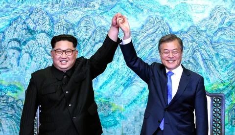Kim Jong Un, North Korea’s leader, with Moon Jae-in, South Korea’s president, at the inter-Korean summit outside the Peace House in the village of Panmunjom in the Demilitarized Zone (DMZ) in Paju, South Korea, on April 27, 2018. (Photograph: AP/PTI)