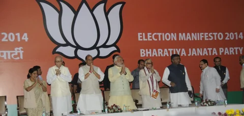 Leaders of the Bharatiya Janata Party release the Election Manifesto 20114, in New Delhi, on April 7, 2014. (Photograph: BJP website)