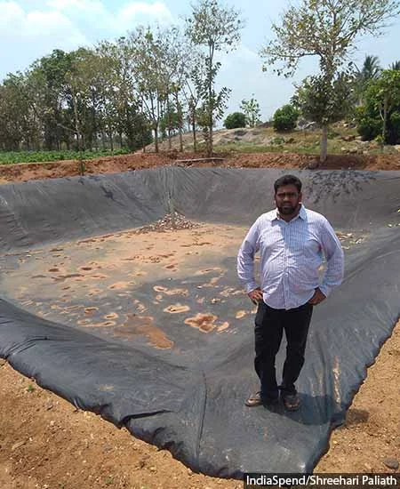 <em>The family of 44-year-old Nabi Khan, a farmer, owns nearly 200 acres of land in Nagavalli where he has dug a 40×40 metre farm pond through Krishi Bhagya. While he is happy that he can conserve rainwater, he admits that the quality of material provided in the scheme is not the best.</em>