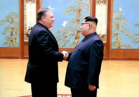 Then-CIA director Mike Pompeo shakes hands with North Korean leader Kim Jong Un in Pyongyang, North Korea, during a 2018 Easter weekend trip. (Photograph: PTI/AP)