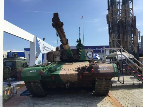 Main Battle Tank Arjun Mk-I on diplay at DRDO pavilion in the Defence Expo 2018. (Source: BloombergQuint)