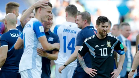 Argentina’s Lionel Messi (right) stands near the Iceland players at the end of the group D match at the Spartak Stadium in Moscow on June 16, 2018. (Photograph: AP/PTI)