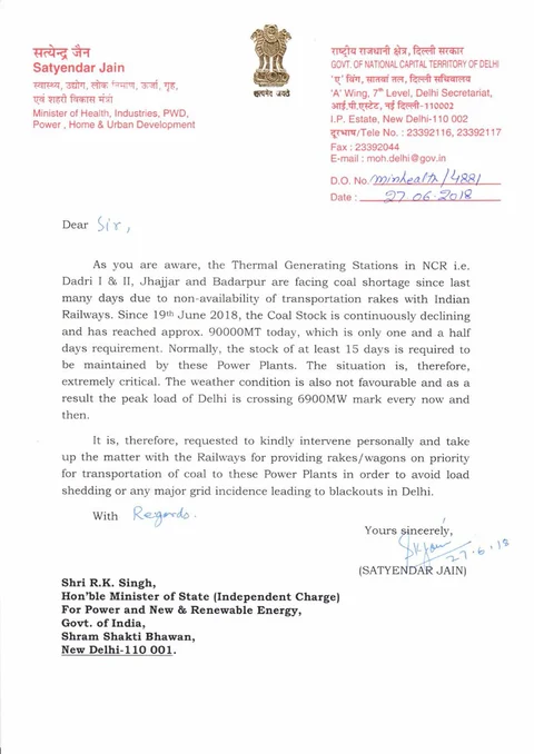 The letter sent by Satyendar Jain to RK Singh. (Source: Satyendar Jain’s twitter handle)