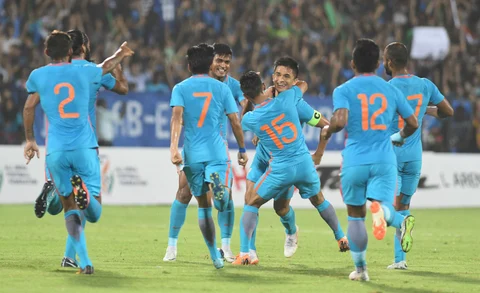 Udanta Singh greets India skipper Sunil Chhetri after he scored the first goal against Kenya in the Hero International Cup football finals, in Mumbai on Sunday. (Source: PTI)
